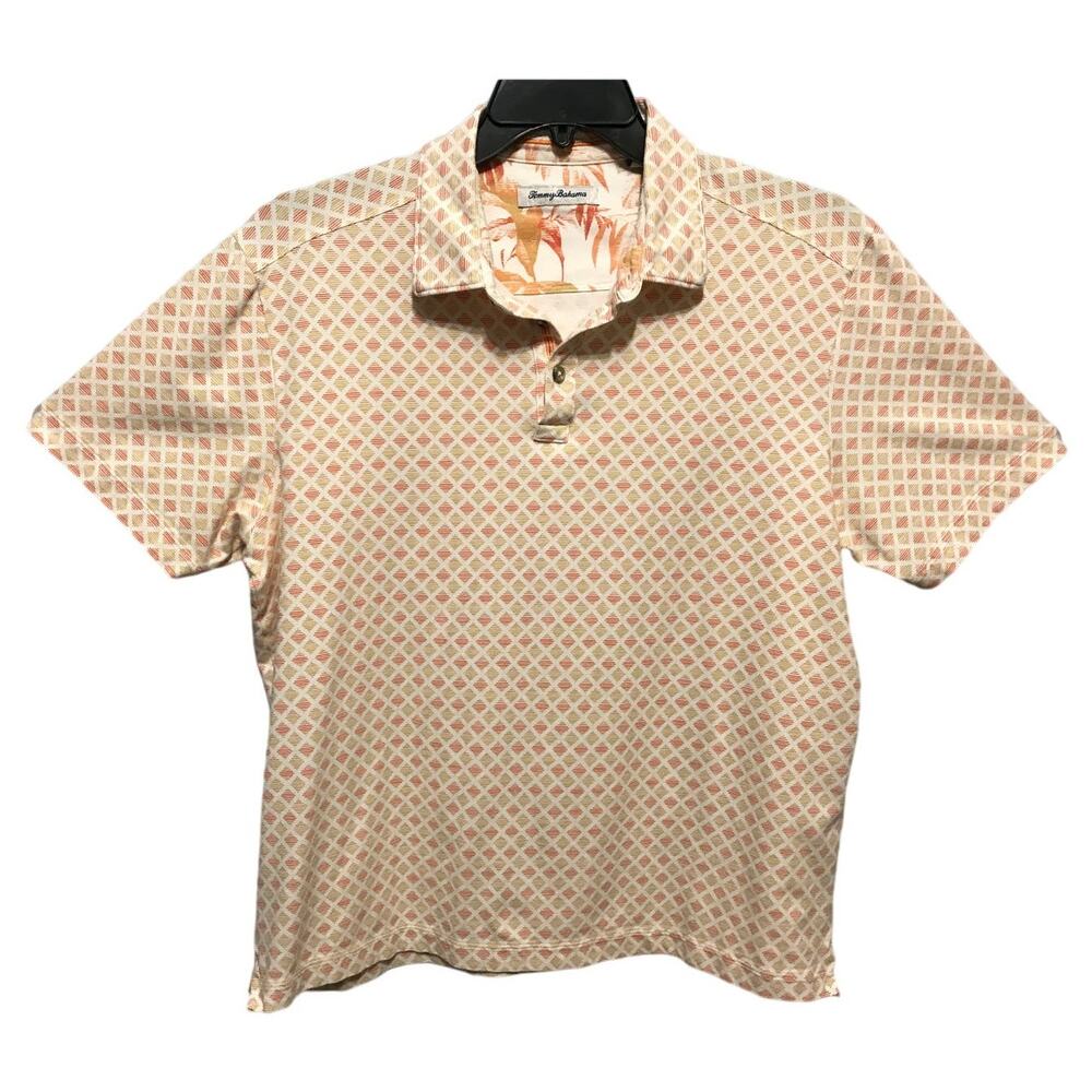 Tommy Bahama Mens Size Large White Orange Geometric Polo Golf Shirt